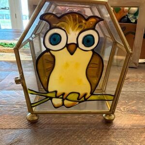 Vintage 1970s Interpur Owl Stained Glass Jewelry Trinket Box Mirrored MCM Taiwan